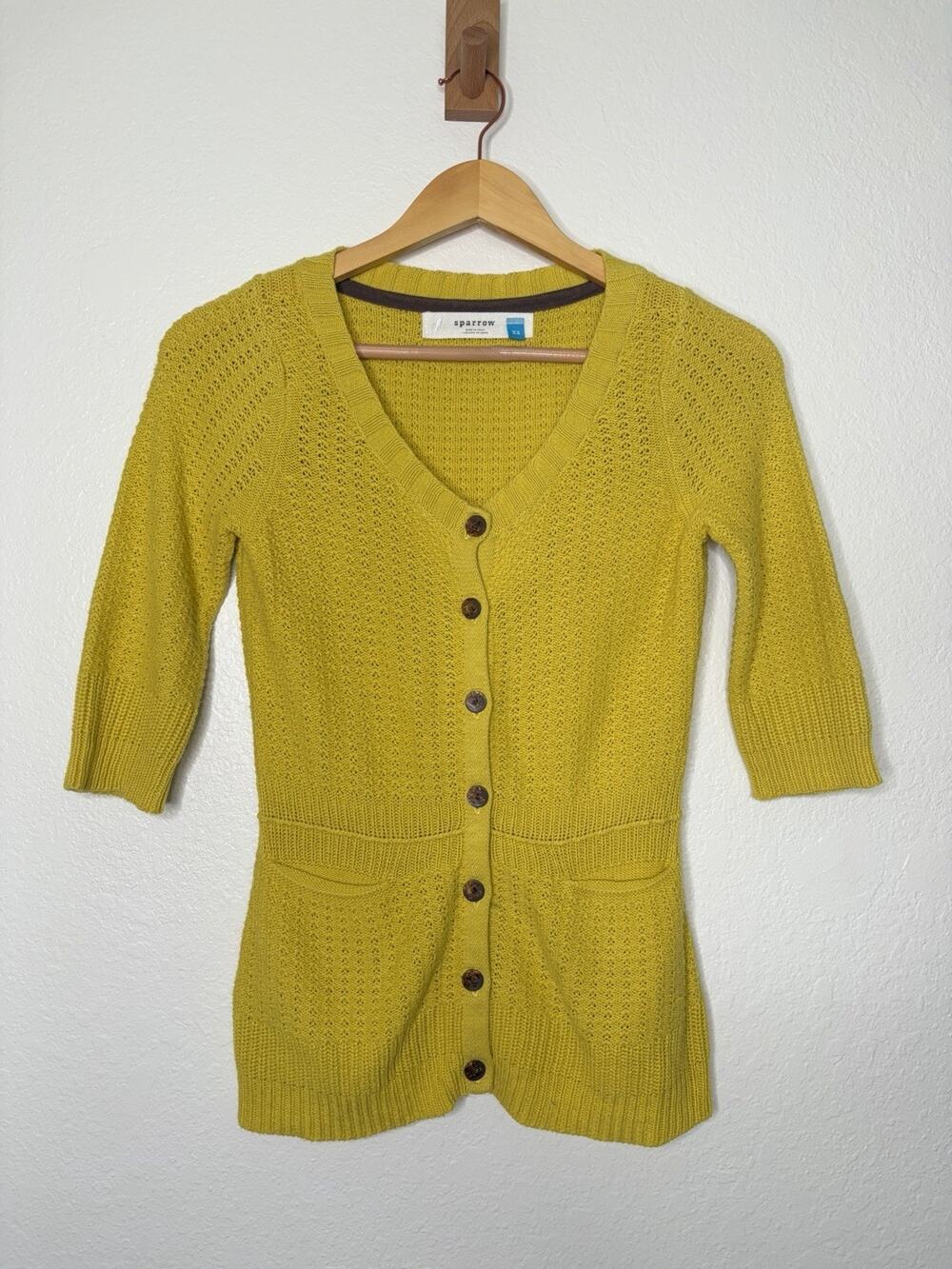 Anthropologie Sparrow Yellow Pointelle Knit Cardigan Size XS Cottagecore